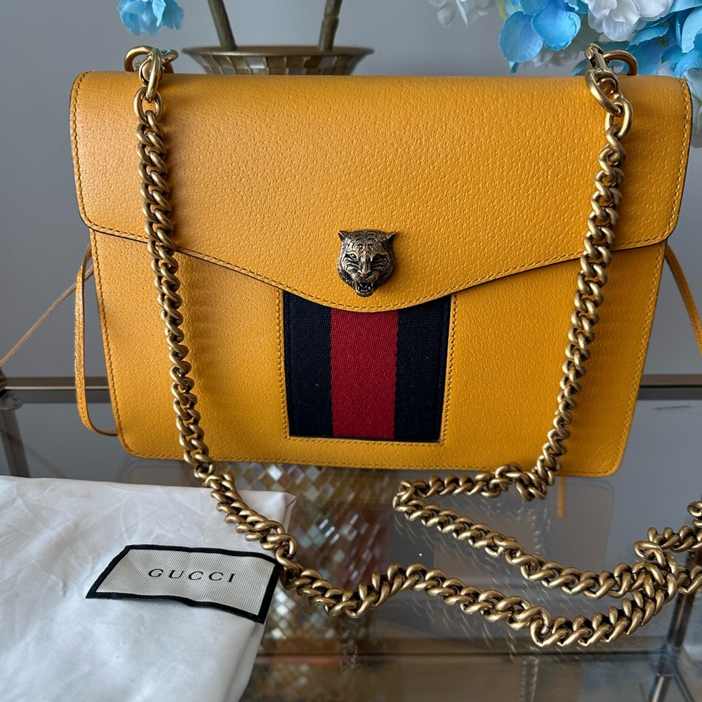 Gucci Mustard Leather Shoulder Bag with Gold Chain